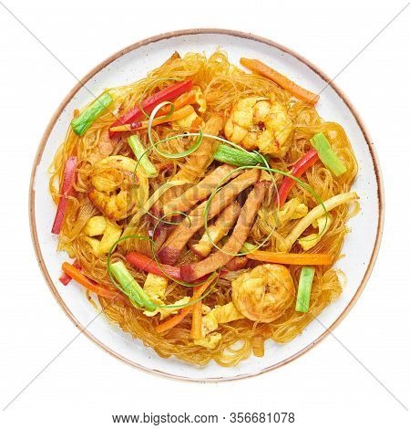 Singapore Mei Fun In Plate Isolated On White Background. Singapore Noodles Is Chinese Cuisine Dish W