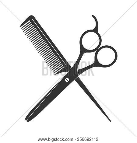 Scissors And Hairbrush Graphic Icon. Sign Crossed Scissors And Hairbrush Isolated On White Backgroun