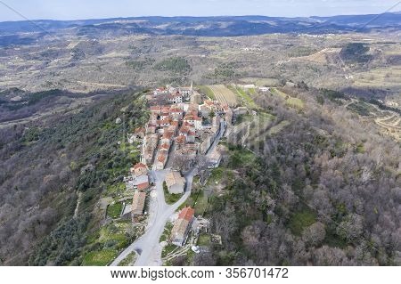An Aerial View Of Picturesque Village Draguc, On The Doorstep Of Spring,  Istra, Croatia