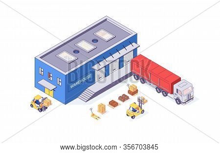 Isometric Warehouse Box Cargo Forklift Pallet And Forklift Factory. Delivery Goods Vector Illustrati
