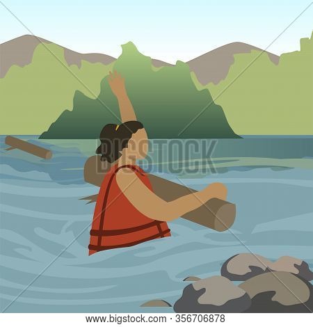 Woman Drowning In River Flat Vector Character. Ship Wreckage, Dangerous Situation, Accident. Girl We