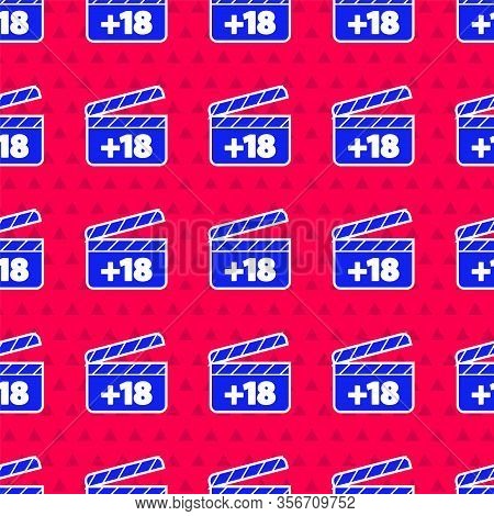 Blue Movie Clapper With 18 Plus Content Icon Isolated Seamless Pattern On Red Background. Age Restri