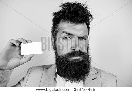 Banking Services. Confident Businessman. Blank Piece Of Paper. Barbershop Concept. Best Barber Maste