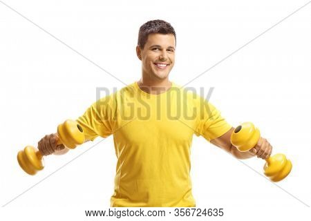 Man exercising with weigths isolated on white background
