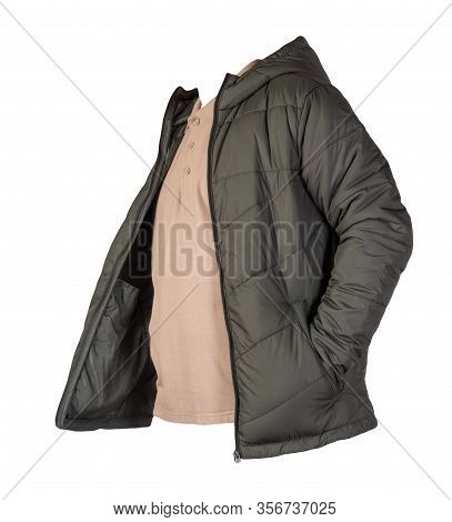 Mens Beige T-shirt And Hakki Jacket Isolated On White Background.casual Clothing