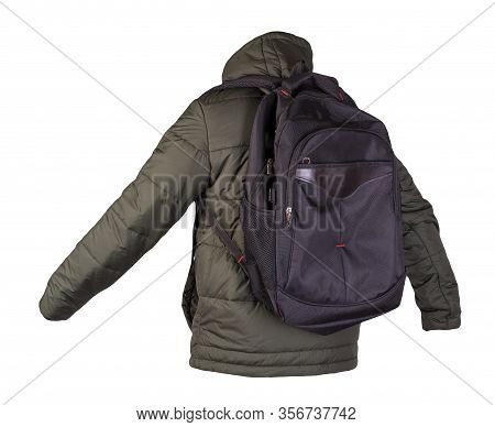 Black Backpack Dressed In A Hakki Jacket Isolated On A White Background. Rear View Of A Backpack And