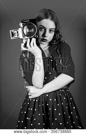 Professional Camera. Girl With Retro Camera. Capture Moments. Slr Camera. Learn Use Presets. Courses