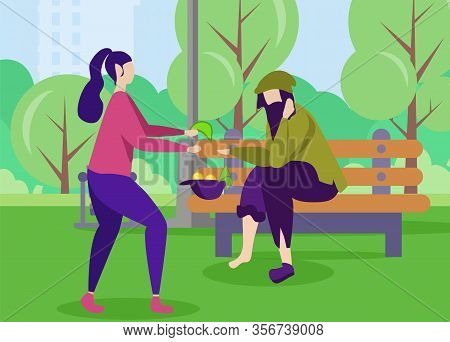Woman Giving Money Workless Homeless Man Sitting On Bench In City Park Volunteer Donating Helping Pe