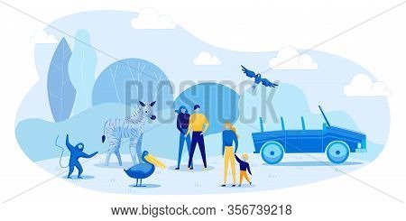 Safari Car Tour To Open Air Zoo. Cartoon People With Children Visiting African Zoological Park. Wild