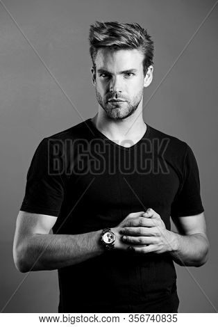 Watch Repair. Keep Punctual. Confident Macho Luxurious Watch Blue Background. Watches Are Convenient