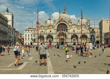 St. Mark Square, Venice, Italy - August 02, 2019: Loggetta Del Sansovino Museum, Torre Dell Orologio