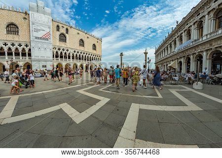 St. Mark Square, Venice, Italy - August 02, 2019: Loggetta Del Sansovino Museum, Torre Dell Orologio