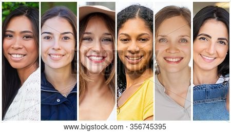 Happy Positive College Students Portrait Set. Cheerful Diverse Young Women In Casual Multiple Shot C