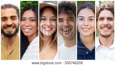 Cheerful Friendly Young Men And Women Portrait Set. Happy Multiracial Team Of People In Casual Multi