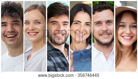Group Of Happy People Portrait Set. Positive Multiracial Young Men And Women In Casual Multiple Shot