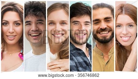 Happy Cheerful Attractive Young Men And Women Portrait Set. Smiling People In Casual Multiple Shot C