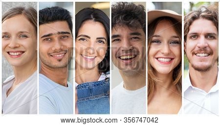 Cheerful Friendly Team Members Portrait Set. Happy Multiracial Young Men And Women In Casual Multipl