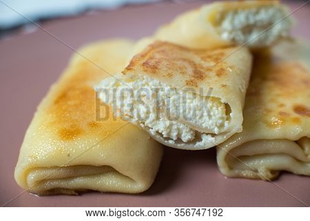 Pancakes With Cottage Cheese , Homemade Traditional Ukrainian Dish Nalysnyky