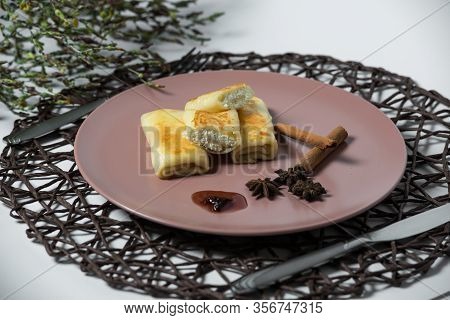 Pancakes With Cottage Cheese , Homemade Traditional Ukrainian Dish Nalysnyky
