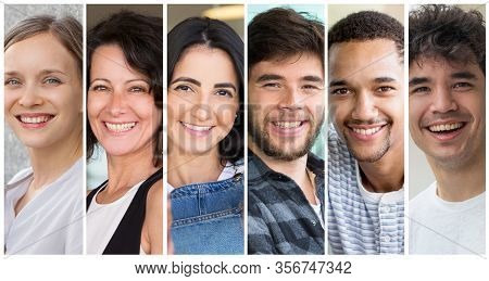 Cheerful Men And Women Of Different Race And Age Portrait Set. Smiling Diverse People In Casual Mult
