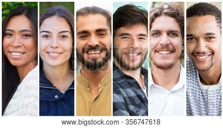 Happy Cheerful Multiracial Students Portrait Set. Smiling Diverse Young Men And Women In Casual Mult
