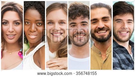 Joyful Smiling Young Men And Women Of Different Races Portrait Set. Black, Caucasian, Mix Raced Peop
