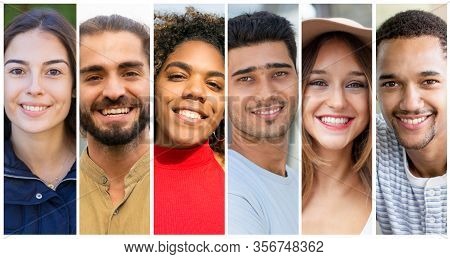 Cheerful Diverse Student Girls And Guys Portrait Set. Happy Young Multiethnic Men And Women In Casua