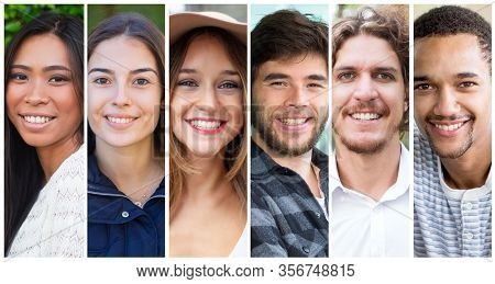 Happy Multiethnic Team Members Portrait Set. Smiling Multiracial Young Men And Women In Casual Multi
