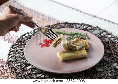 Pancakes With Cottage Meat, Homemade Traditional Ukrainian Dish Nalysnyky