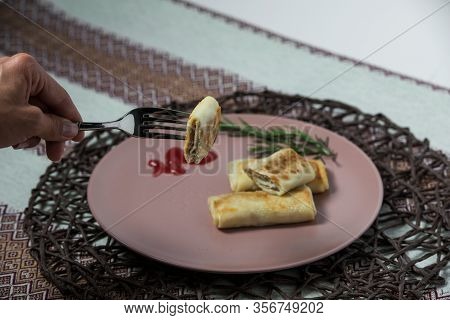 Pancakes With Cottage Meat, Homemade Traditional Ukrainian Dish Nalysnyky
