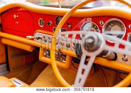 Bray, Ireland, June 2018 Bray Vintage Car Club Show, Open Air Retro Cars Display. Close Up On Clocks