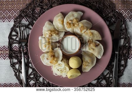 Dumplings With Stewed Cabbage, Homemade Traditional Ukrainian Dish Varenyky