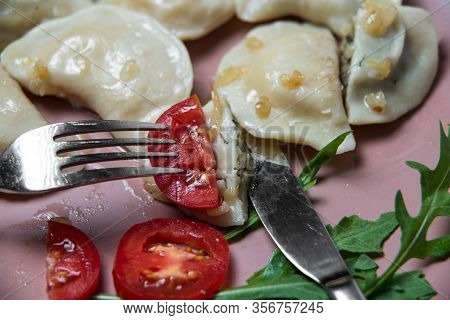 Dumplings With Potatoes, Homemade Traditional Ukrainian Dish Varenyky
