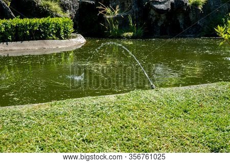A Park With An Artificial Reservoir. A Laminar Jet Of Water Gushes From An Underground Pipe. Selecti