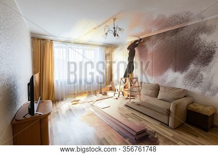 Collage From Two Images - Room After Renovation With Furniture And During Reconstruction With Worker