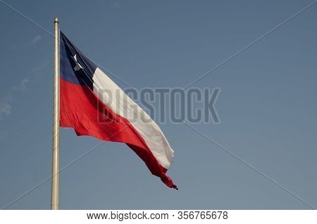 Flag Of Chile In The Libertador Bernardo O'higgins Avenue. Santiago De Chile. Chile.