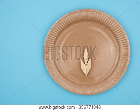 Disposable Tableware On A Blue Background. Eko Flower Is Lined With Wooden Elements. The View From T