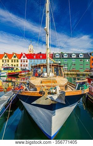 Torshawn city, the capital of The Faroe Islands, Denmark. Vestaravag harbor in Torshavn with its boats and colorful buildings