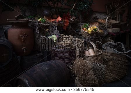 Various Foods In Foreground In Vertical Photo Darkened At Their Edges