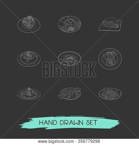 Set Of Culinary Icons Line Style Symbols With Spanish Paella, Austrian Apfelstrudel, Nutrition And O