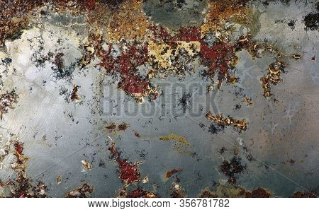 Rust On Metal Texture, Pattern. Eaten Away With Rust. Ferric Oxide. Environmental Collapse. Land Of 