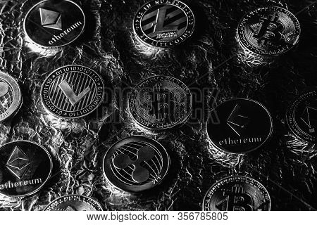 Many Cryptocurrencies On Gold Background. Blockchain And Cryptocurrency. Cryptocurrency Mining