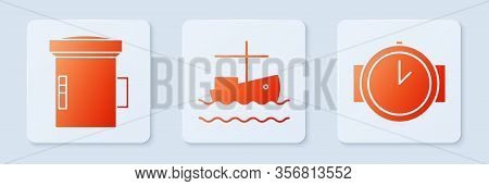 Set Fishing Boat On Water, Big Flashlight For Diver And Diving Watch. White Square Button. Vector