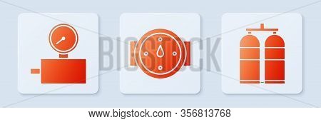 Set Wind Rose, Gauge Scale And Aqualung. White Square Button. Vector