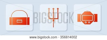 Set Neptune Trident, Case Or Box Container For Wobbler And Diving Watch. White Square Button. Vector