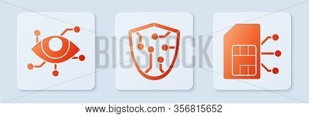 Set Cyber Security, Virtual Reality And Sim Card. White Square Button. Vector