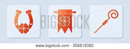 Set Four Leaf Clover And Party Pennant, Horseshoe With Four Leaf Clover And Walking Stick. White Squ