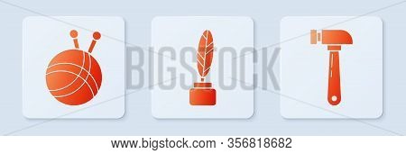 Set Feather And Inkwell, Yarn Ball With Knitting Needles And Hammer. White Square Button. Vector