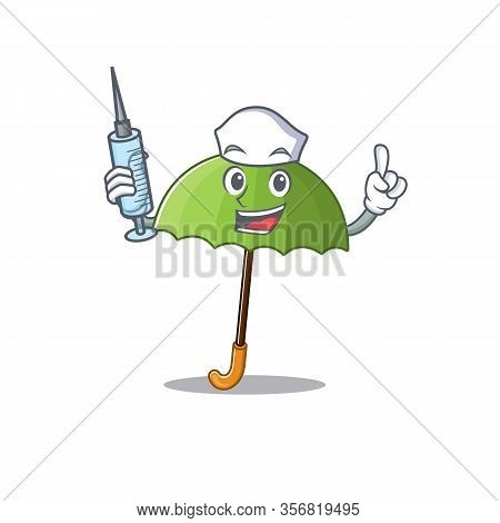Friendly Nurse Of Green Umbrella Mascot Design Holding Syringe