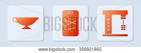 Set Cutting Board, Sauce Boat And Electric Mixer. White Square Button. Vector